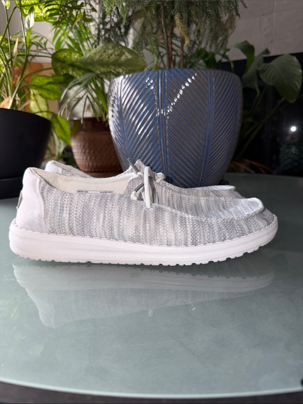 Hey Dude Light Gray and White Knit Slip-On Sneakers
